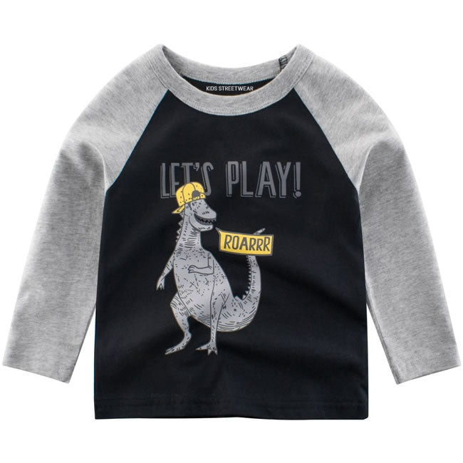 Black Let's Play Dinosaur RM Toddler Boys Raglan Long Sleeve Shirt