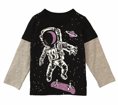 Black Skateboard Astronaut Galaxy RM Toddler Boys Long Sleeve Shirt