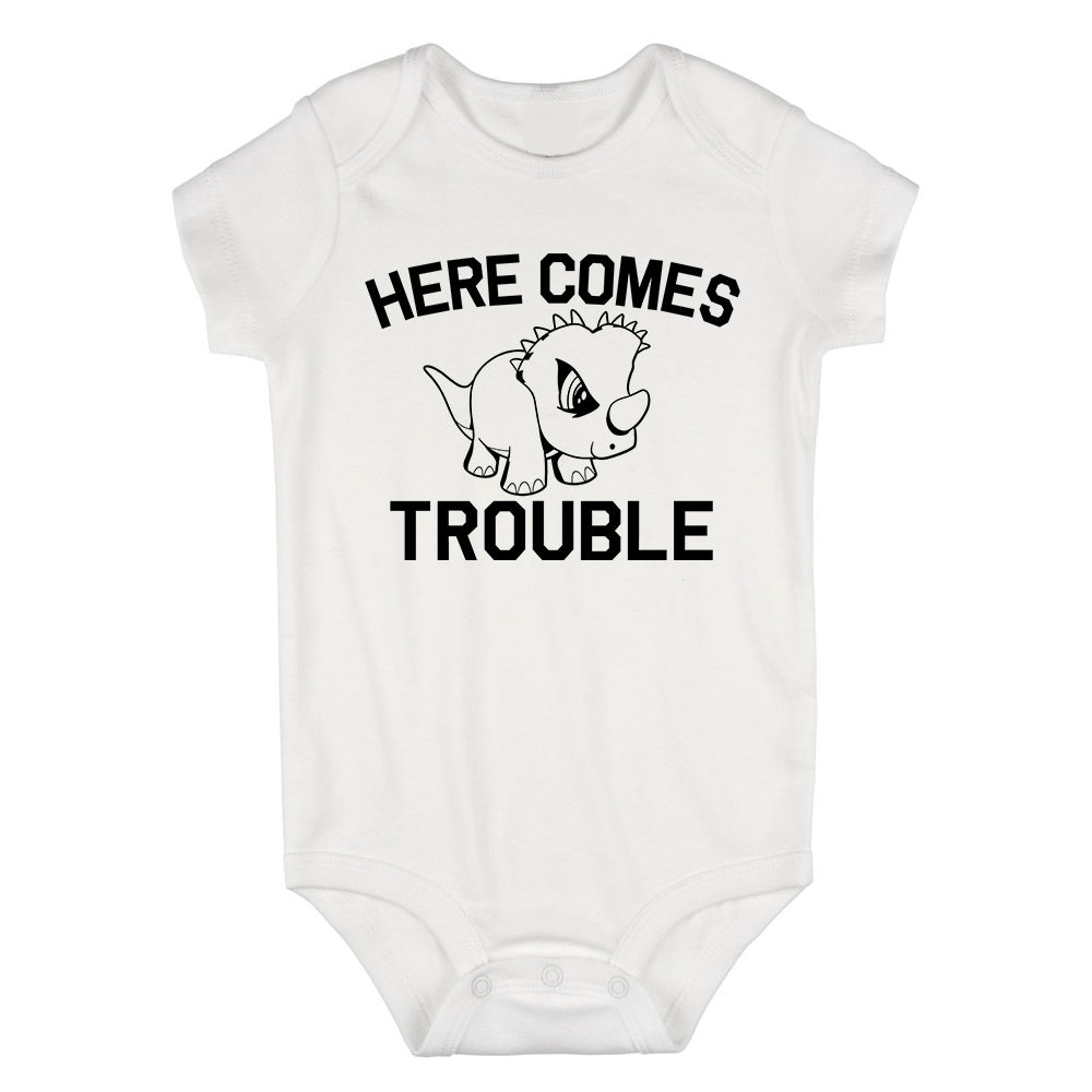Here Comes Trouble Baby Bodysuit One Piece White