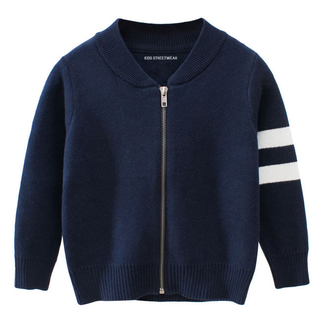 Navy Blue Striped Toddler Boys Bomber Zip Up Cardigan Sweater