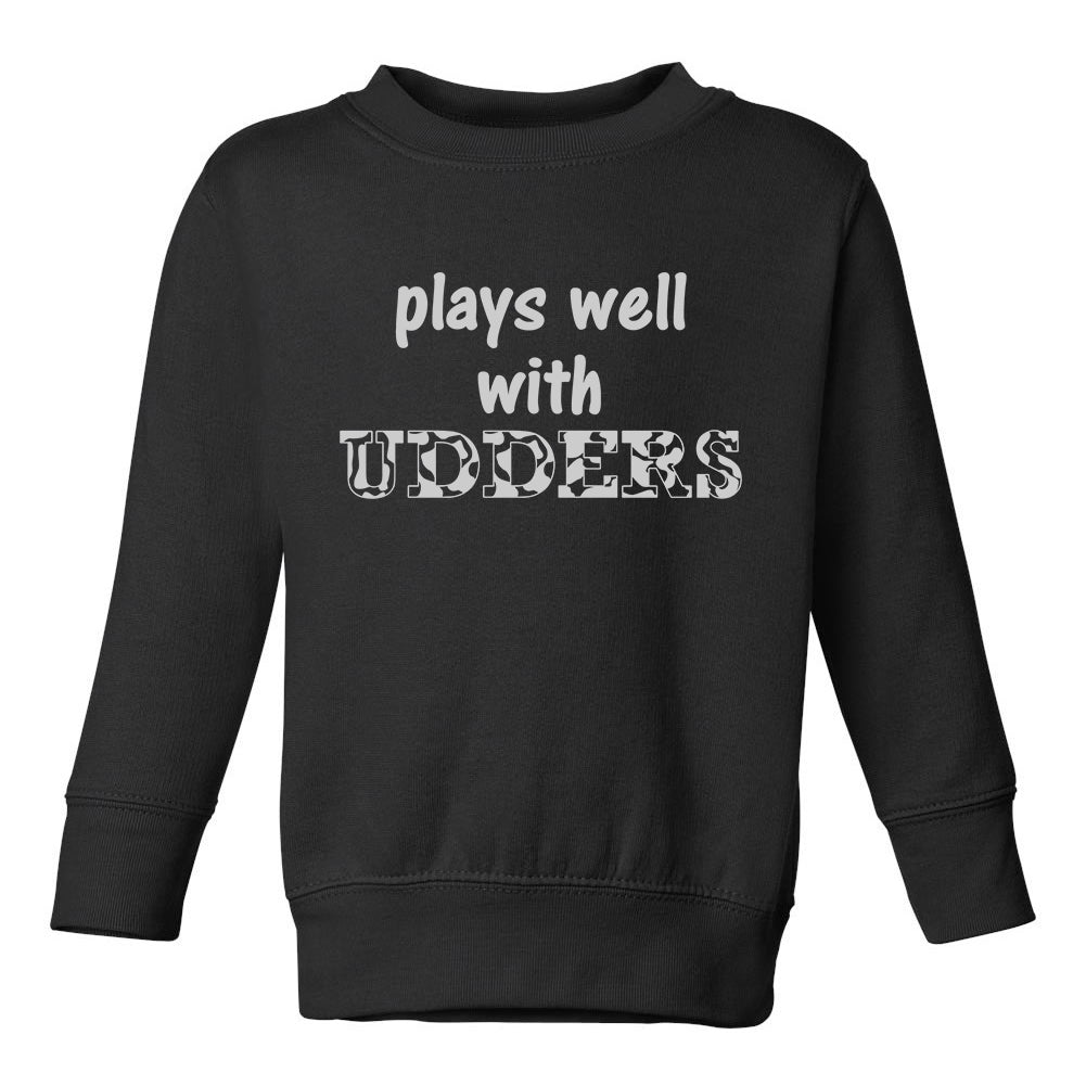 Plays Well With Udders Cow Print Toddler Boys Crewneck Sweatshirt Black