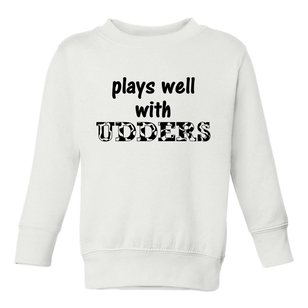 Plays Well With Udders Cow Print Toddler Boys Crewneck Sweatshirt White