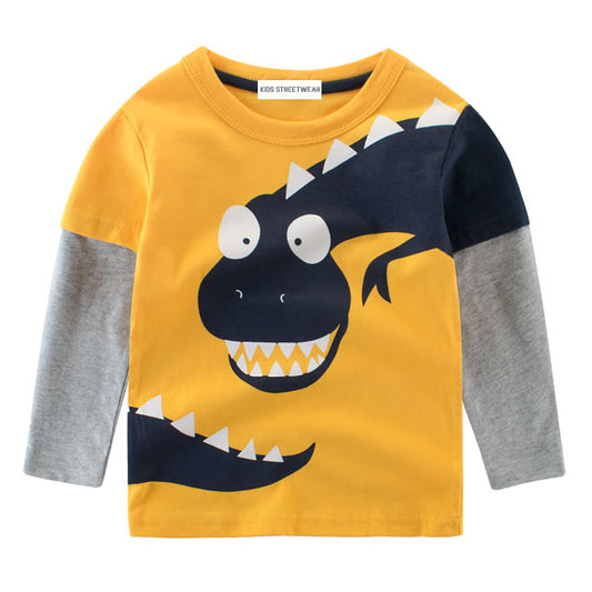 Yellow Blue Funny Dinosaur RM Toddler Boys Long Sleeve Shirt