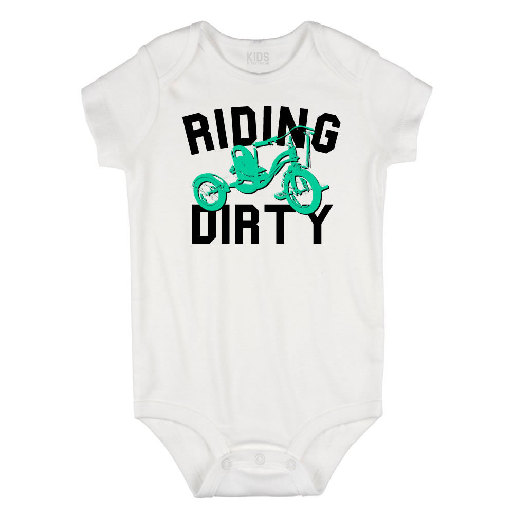 Riding Dirty Tricycle Infant Onesie Bodysuit in White