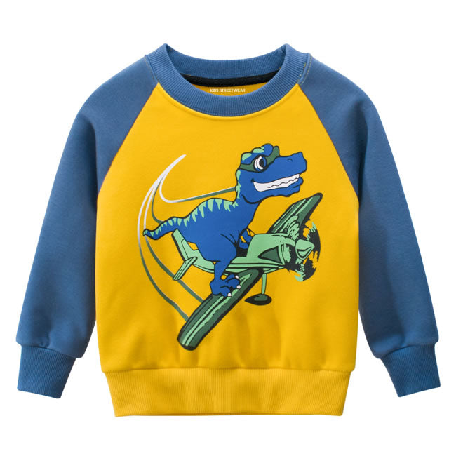 Blue Yellow Dinosaur Airplane RM Toddler Boys Raglan Crewneck Sweatshirt