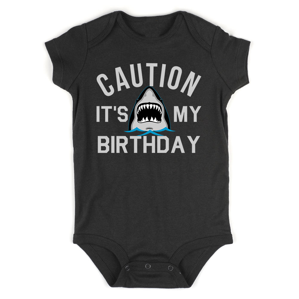 Caution Its My Birthday Shark Infant Baby Boys Bodysuit Black
