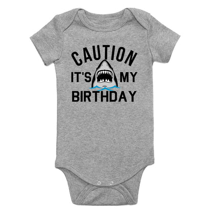 Caution Its My Birthday Shark Infant Baby Boys Bodysuit Grey