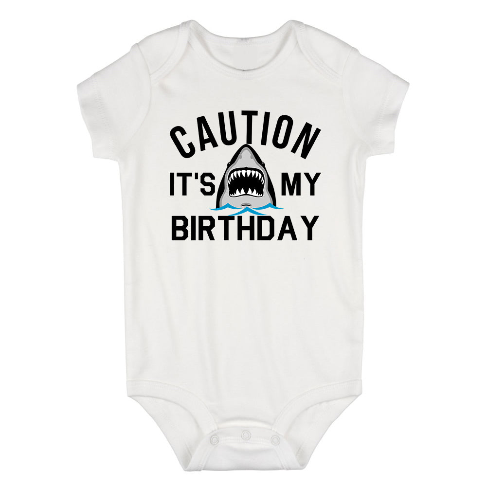 Caution Its My Birthday Shark Infant Baby Boys Bodysuit White