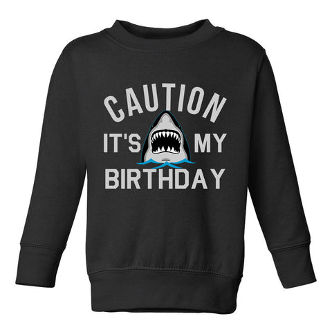 Caution Its My Birthday Shark Toddler Boys Crewneck Sweatshirt Black