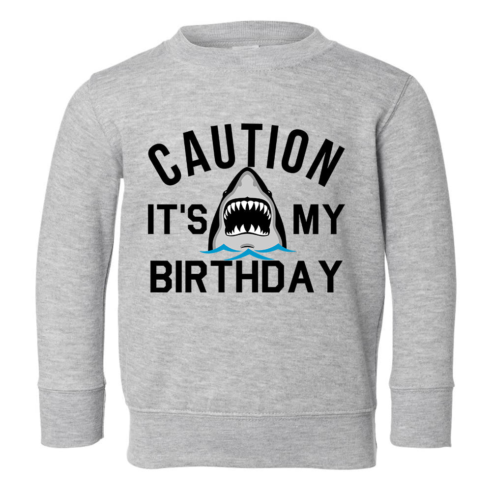 Caution Its My Birthday Shark Toddler Boys Crewneck Sweatshirt Grey