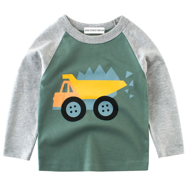 Dusty Green Construction Truck RM Toddler Boys Raglan Long Sleeve Shirt