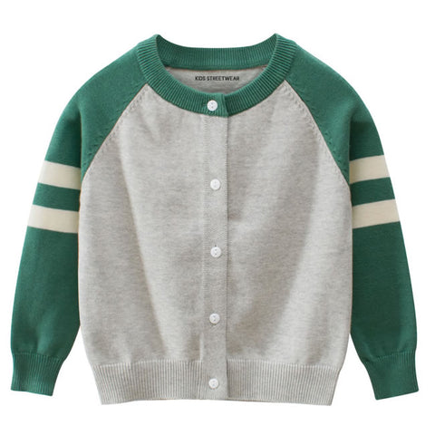 Green And Grey Striped Toddler Unisex Knitted Cardigan Sweater