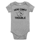 Here Comes Trouble Baby Bodysuit One Piece Grey