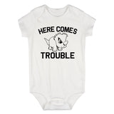 Here Comes Trouble Baby Bodysuit One Piece White