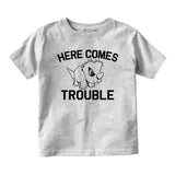 Here Comes Trouble Baby Toddler Short Sleeve T-Shirt Grey