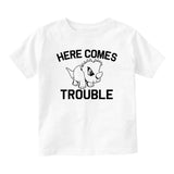 Here Comes Trouble Baby Toddler Short Sleeve T-Shirt White