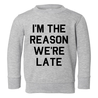 Im The Reason Were Late Funny Toddler Boys Crewneck Sweatshirt Grey