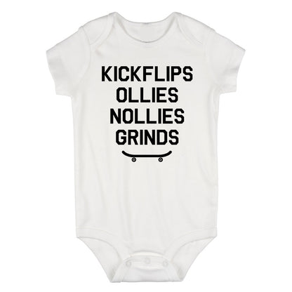 Kickflips Ollies Grinds Skateboarding Infant Baby Boys Bodysuit White