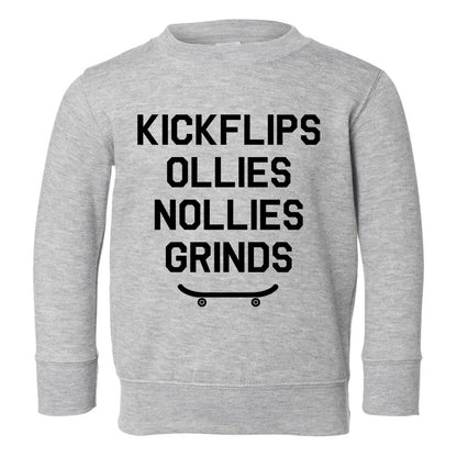 Kickflips Ollies Grinds Skateboarding Toddler Boys Crewneck Sweatshirt Grey
