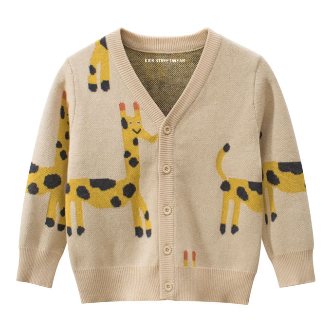 Light Tan Giraffe Pattern Toddler Knitted Cardigan Sweater