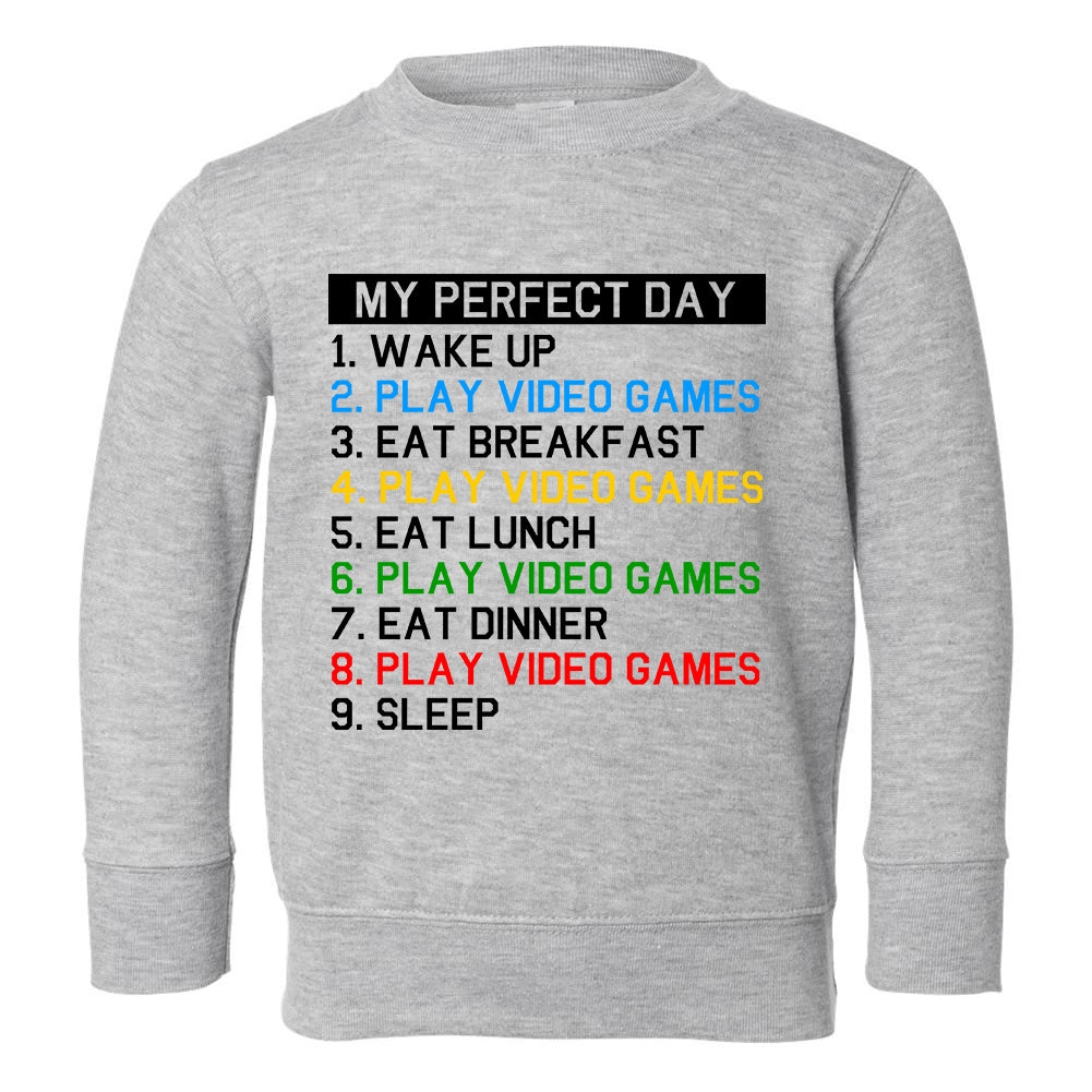 My Perfect Day Play Video Games Gamer Toddler Boys Crewneck Sweatshirt Grey