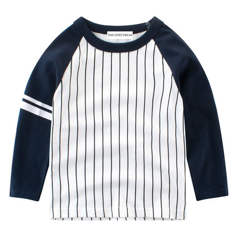 Navy Blue And White Pinstripe RM Toddler Boys Baseball Long Sleeve Shirt