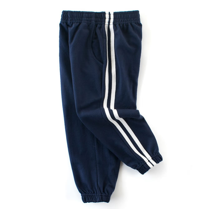 Navy Blue Classic Double Striped Toddler Boys Casual Pants