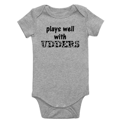 Plays Well With Udders Cow Print Infant Baby Boys Bodysuit Grey