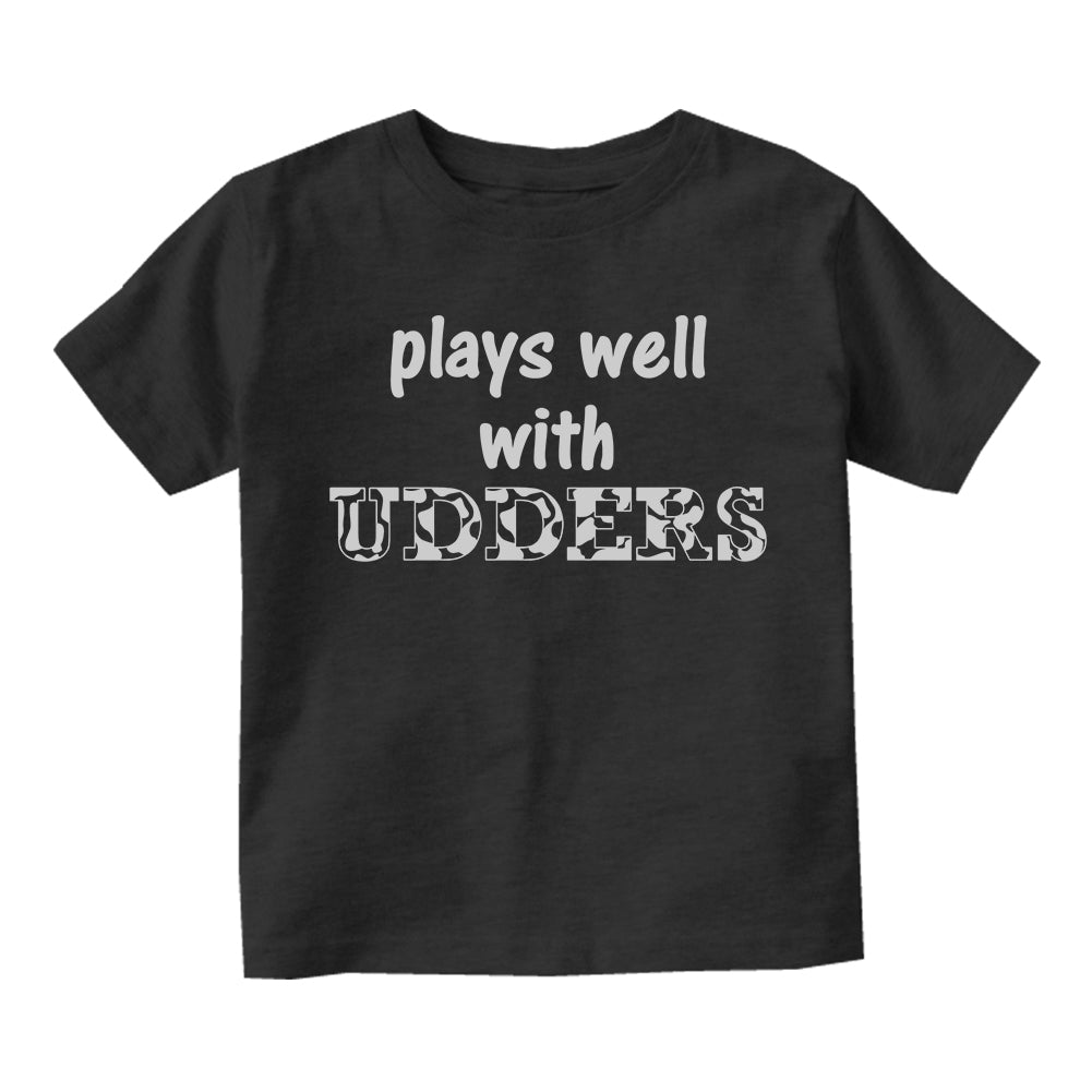 Plays Well With Udders Cow Print Infant Baby Boys Short Sleeve T-Shirt Black