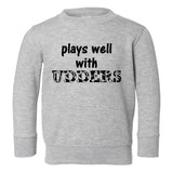 Plays Well With Udders Cow Print Toddler Boys Crewneck Sweatshirt Grey