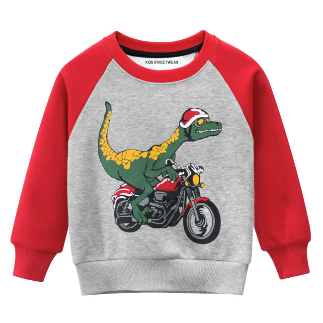 Red Dinosaur Riding Motorcycle RM Toddler Boys Raglan Crewneck Sweatshirt
