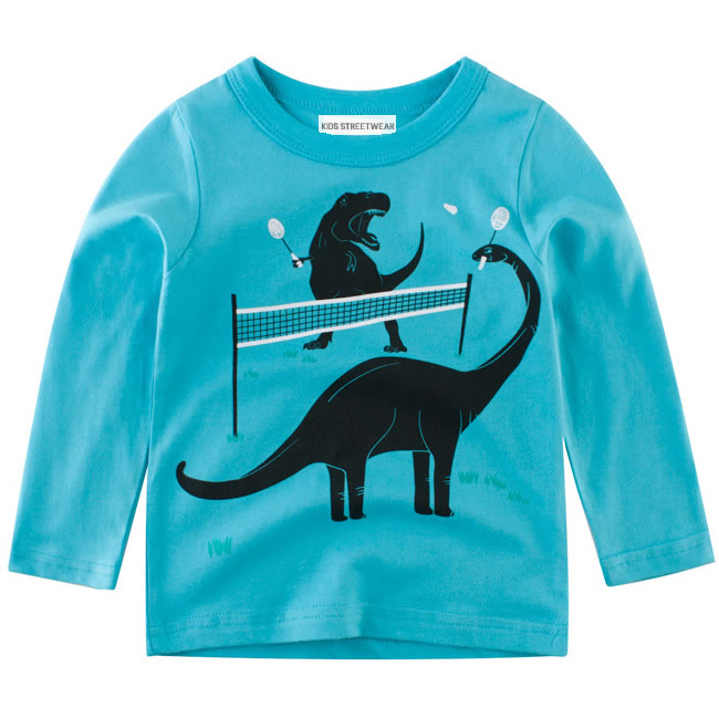 Turquoise Blue Dinosaur Tennis RM Toddler Boys Long Sleeve Shirt